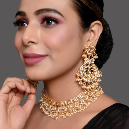 Square Mirror Pearl Fringe Choker Necklace Set for Wedding Wear